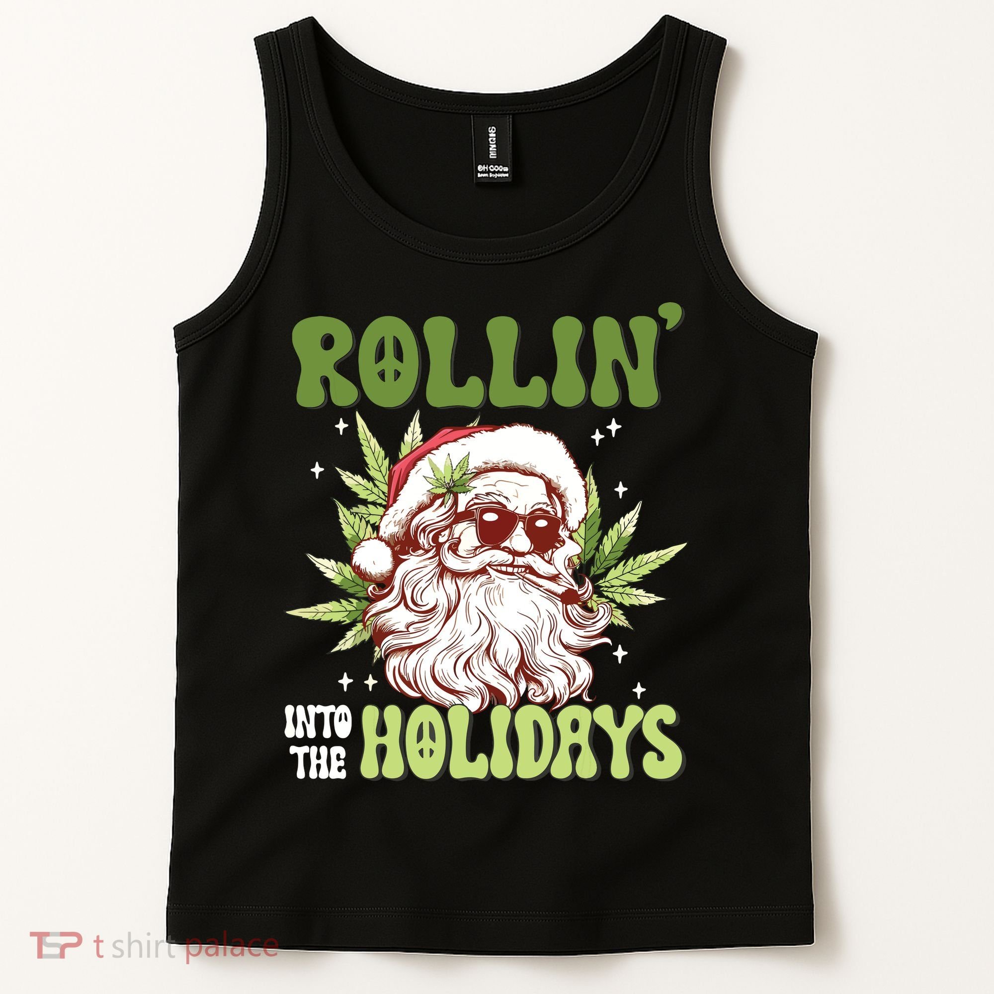 Rollin Into The Holidays Santa Black Marijuana Christmas Tank Top