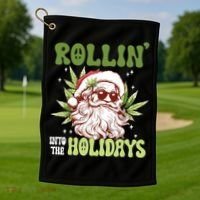 Rollin Into The Holidays Santa Black Marijuana Christmas Golf Towel thumb 1