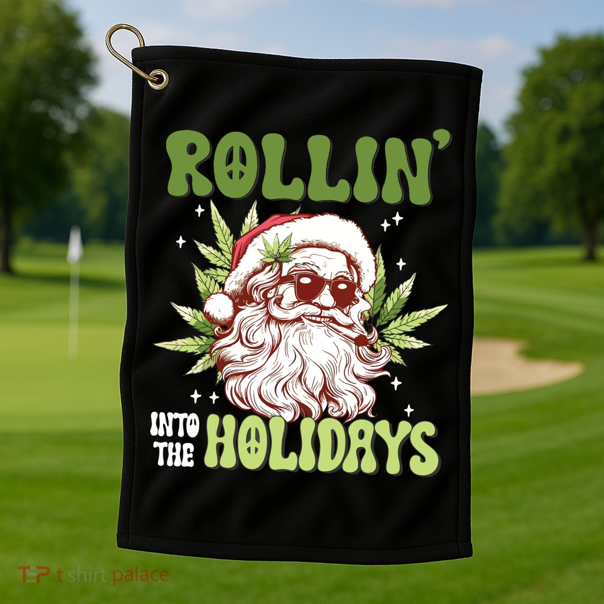 Rollin Into The Holidays Santa Black Marijuana Christmas Golf Towel