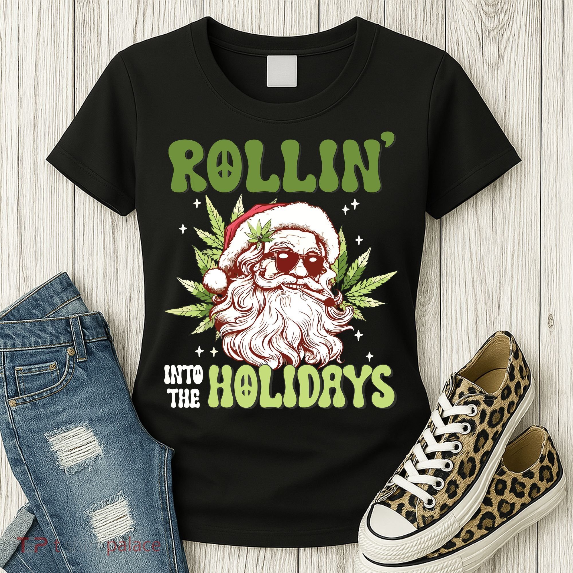 Rollin Into The Holidays Santa Black Marijuana Christmas Women's T-Shirt