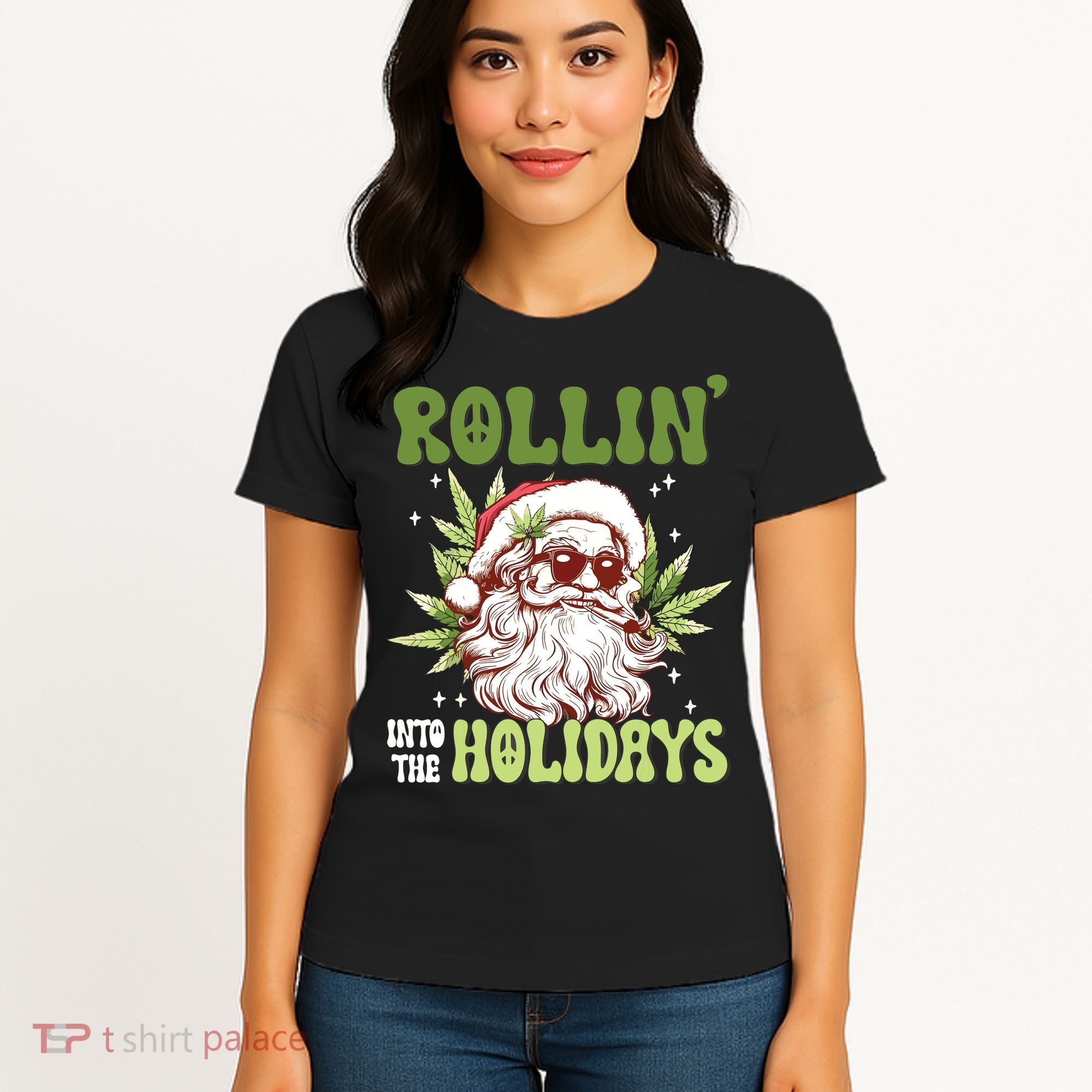 Rollin Into The Holidays Santa Black Marijuana Christmas Women's T-Shirt