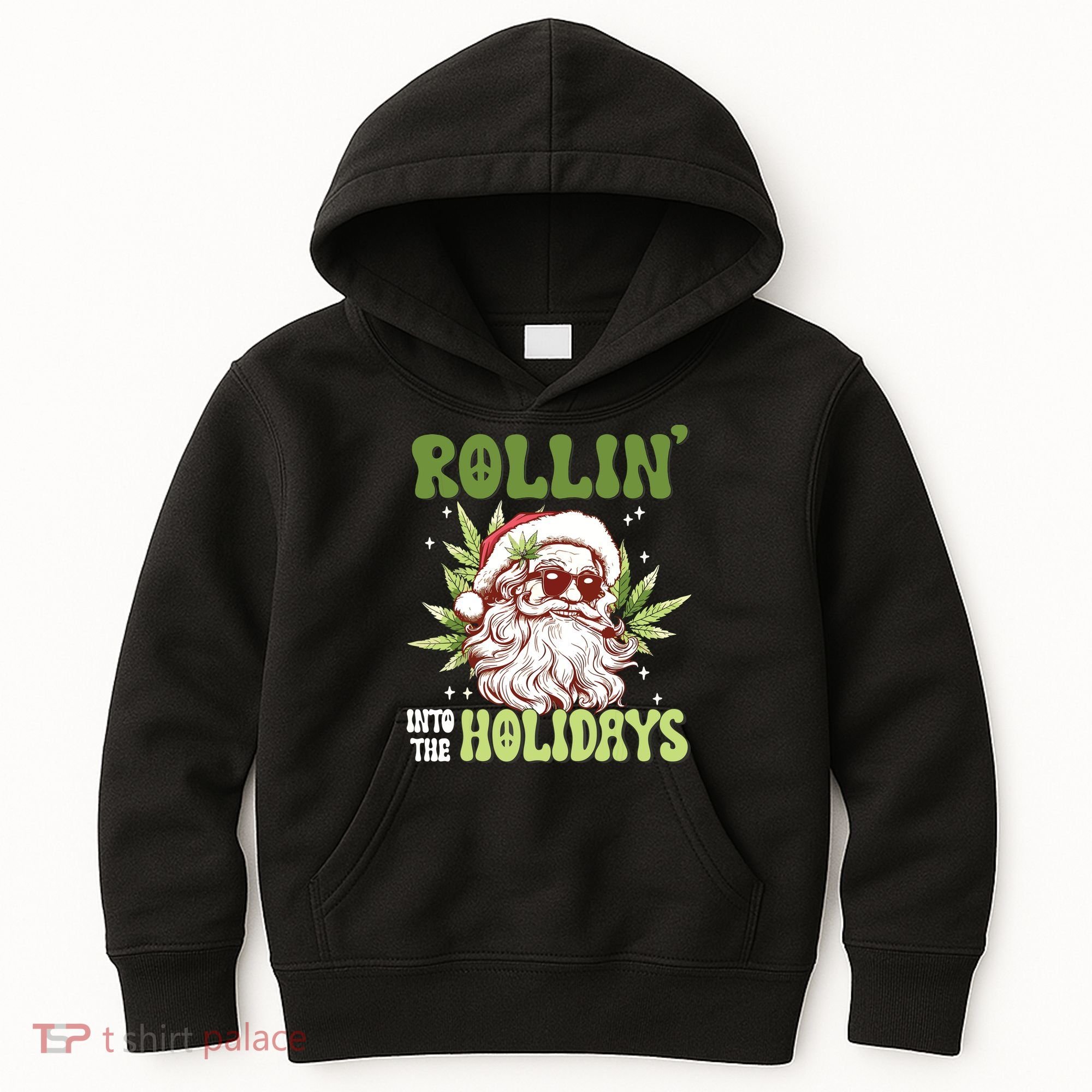 Rollin Into The Holidays Santa Black Marijuana Christmas Kids Hoodie