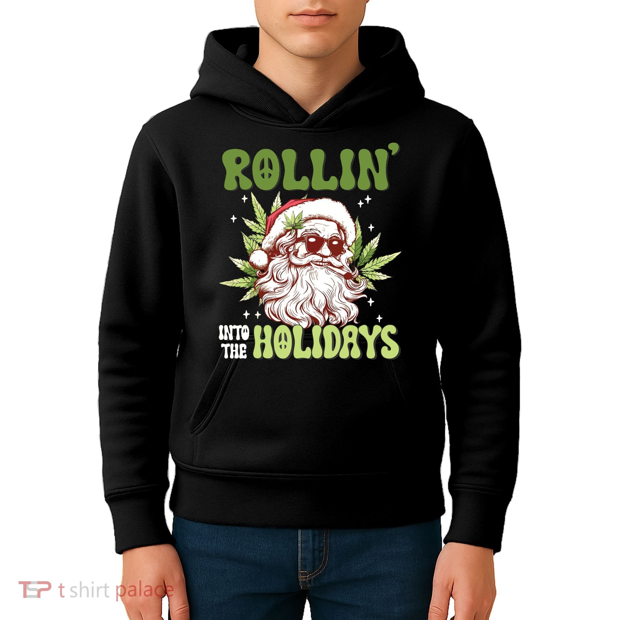 Rollin Into The Holidays Santa Black Marijuana Christmas Kids Hoodie