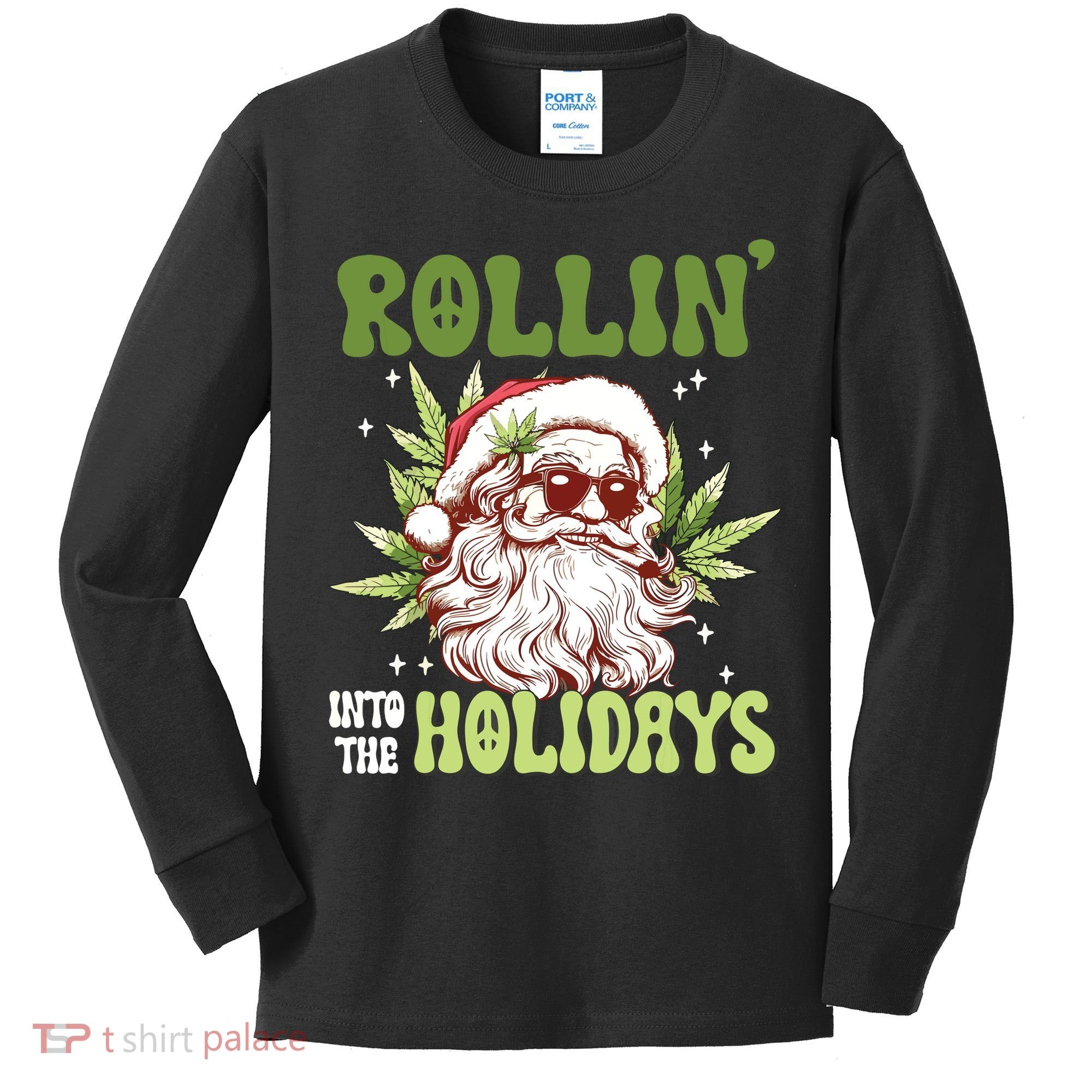 Rollin Into The Holidays Santa Black Marijuana Christmas Kids Long Sleeve Shirt