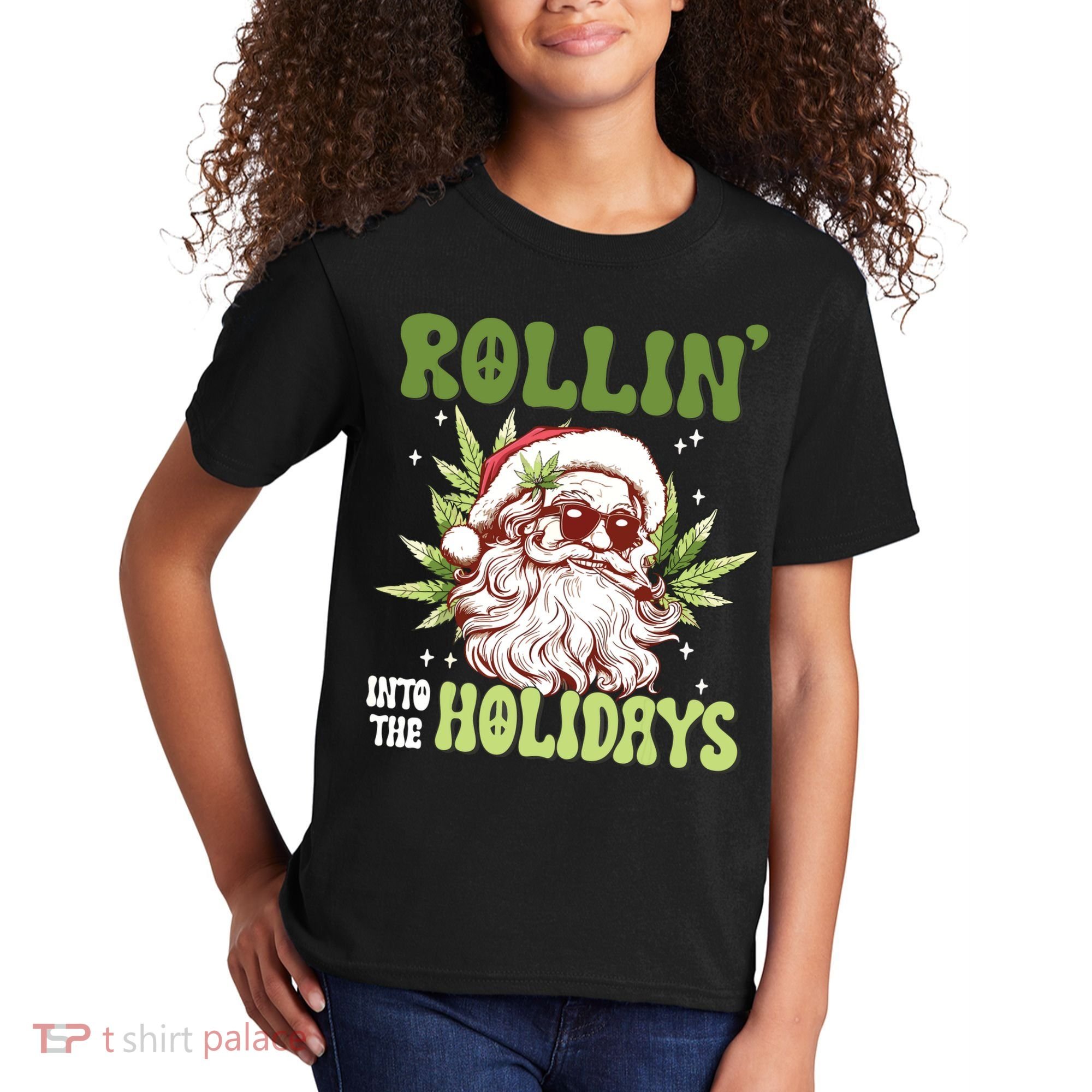 Rollin Into The Holidays Santa Black Marijuana Christmas Kids T-Shirt