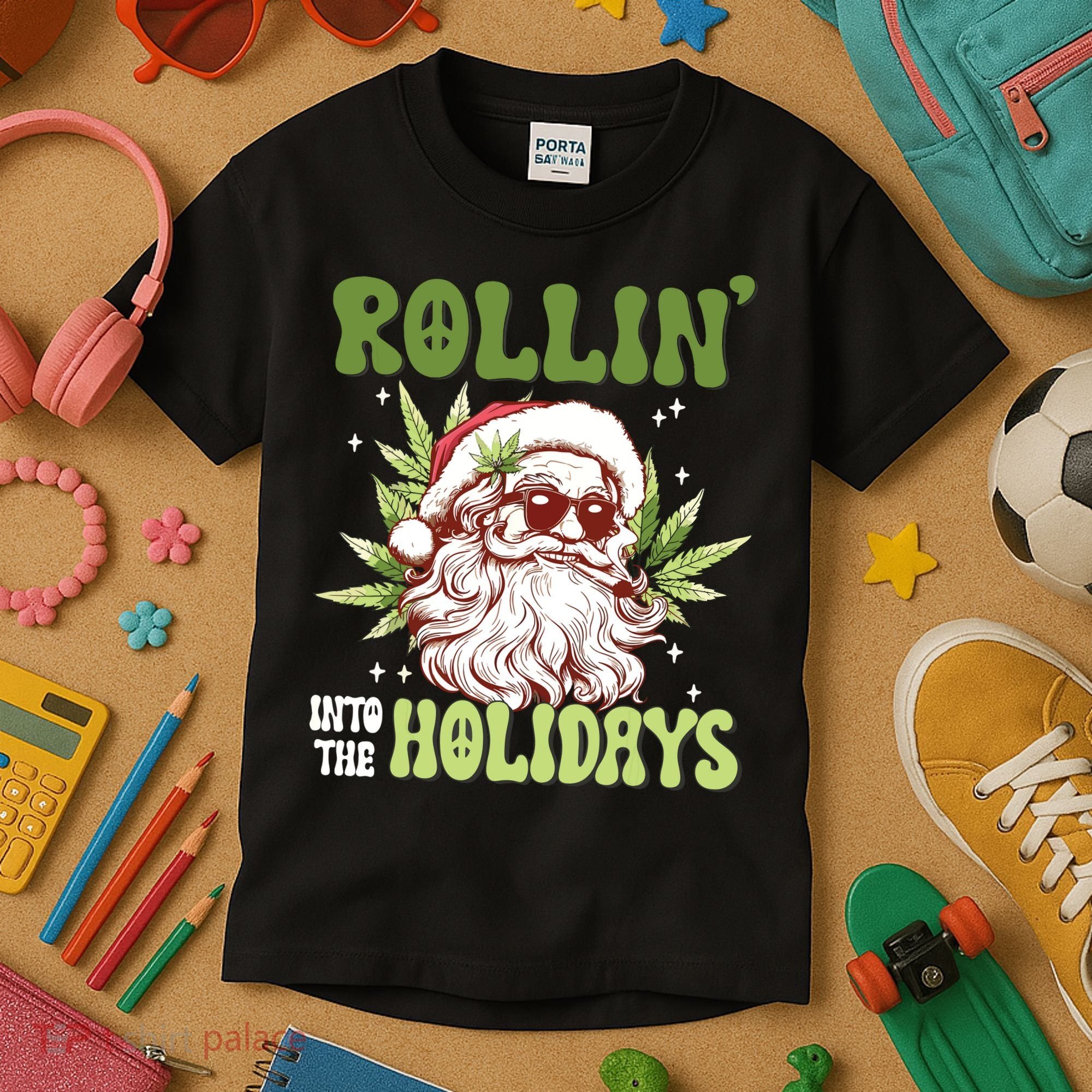 Rollin Into The Holidays Santa Black Marijuana Christmas Kids T-Shirt