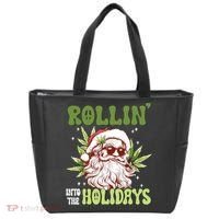 Rollin Into The Holidays Santa Black Marijuana Christmas Tote Bag thumb 0