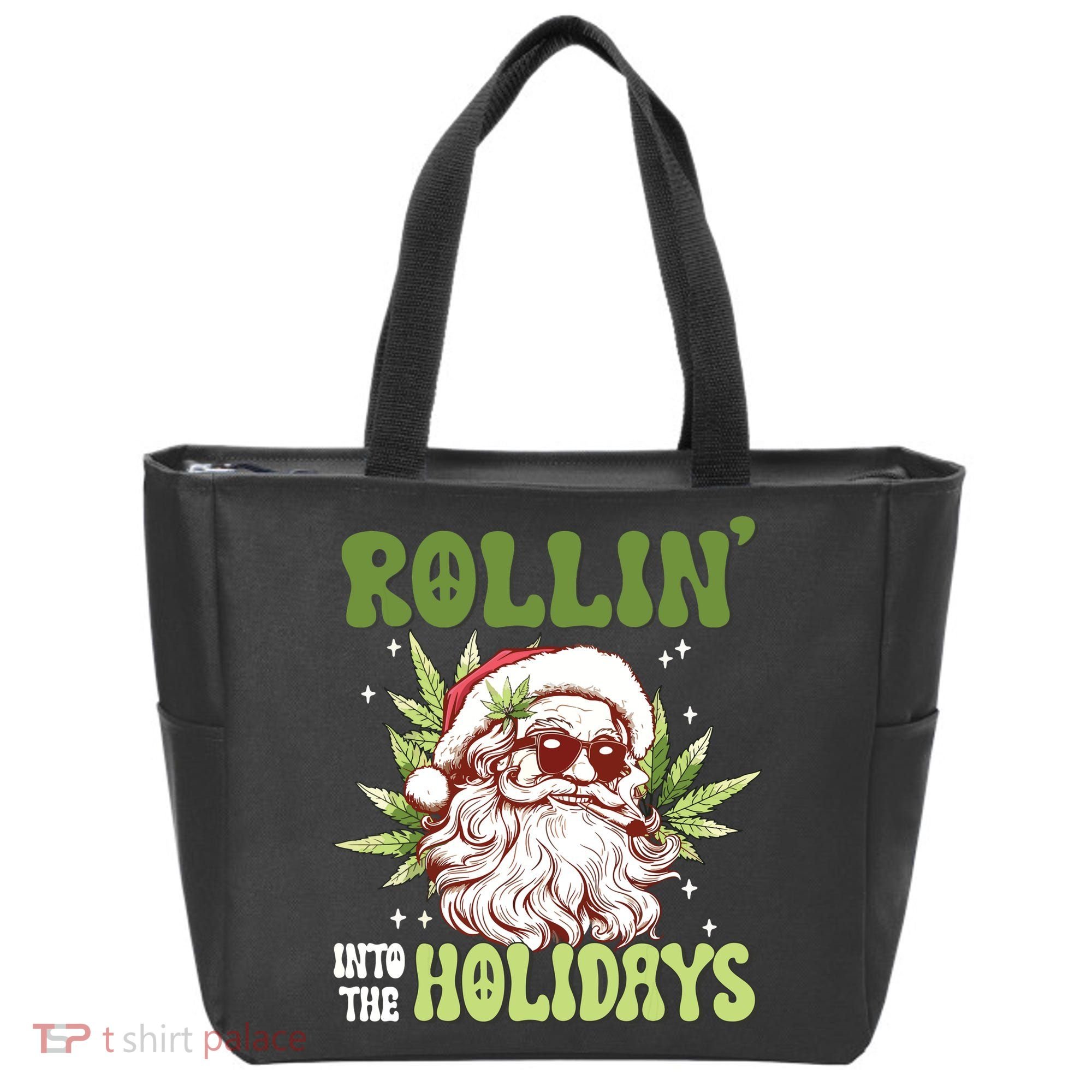 Rollin Into The Holidays Santa Black Marijuana Christmas Tote Bag