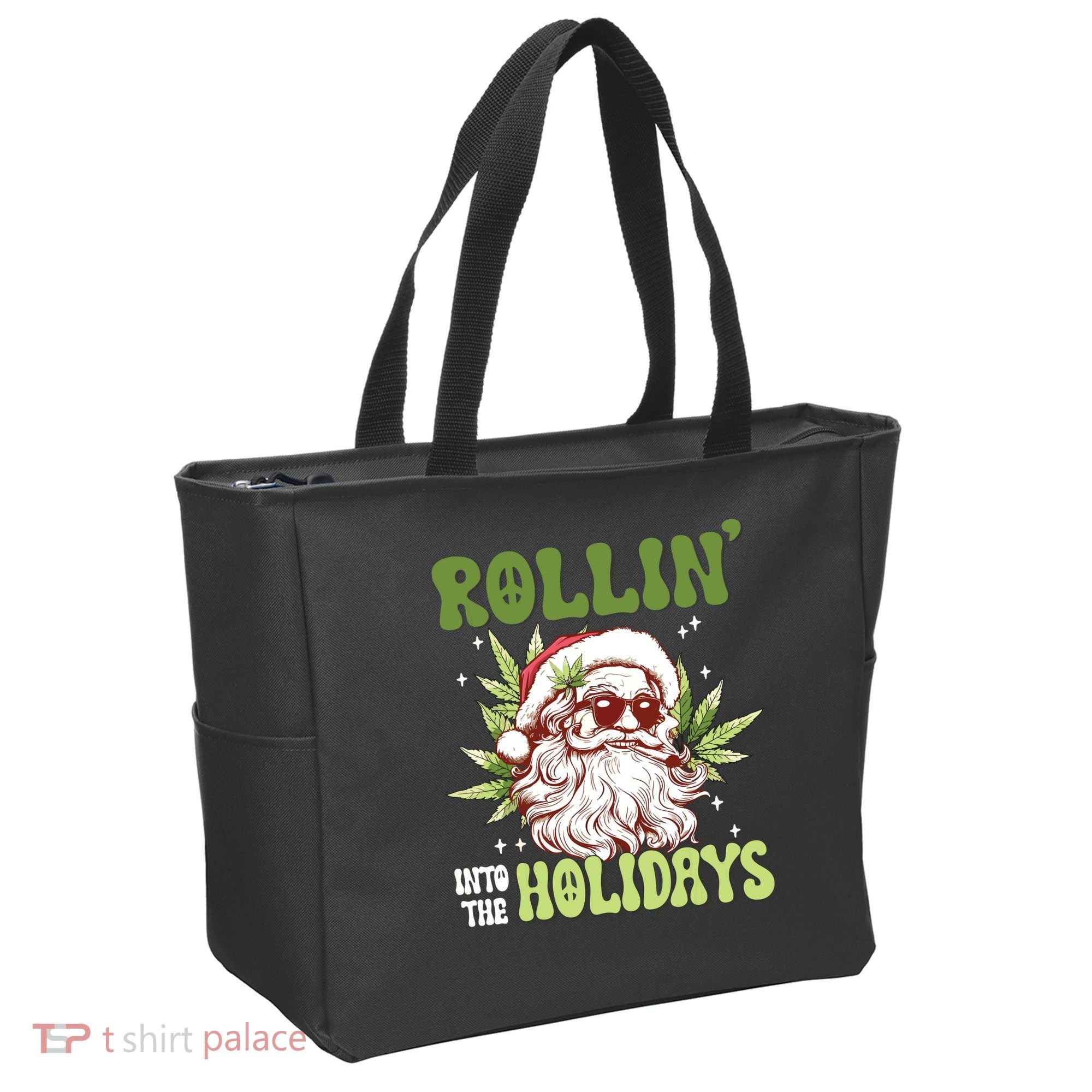 Rollin Into The Holidays Santa Black Marijuana Christmas Tote Bag
