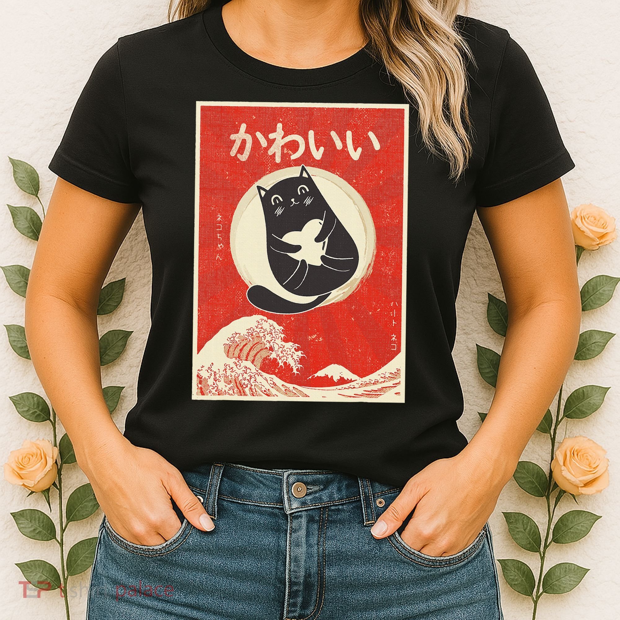 Retro Japanese Anime Cat Kawaii Japanese Word Women's T-Shirt