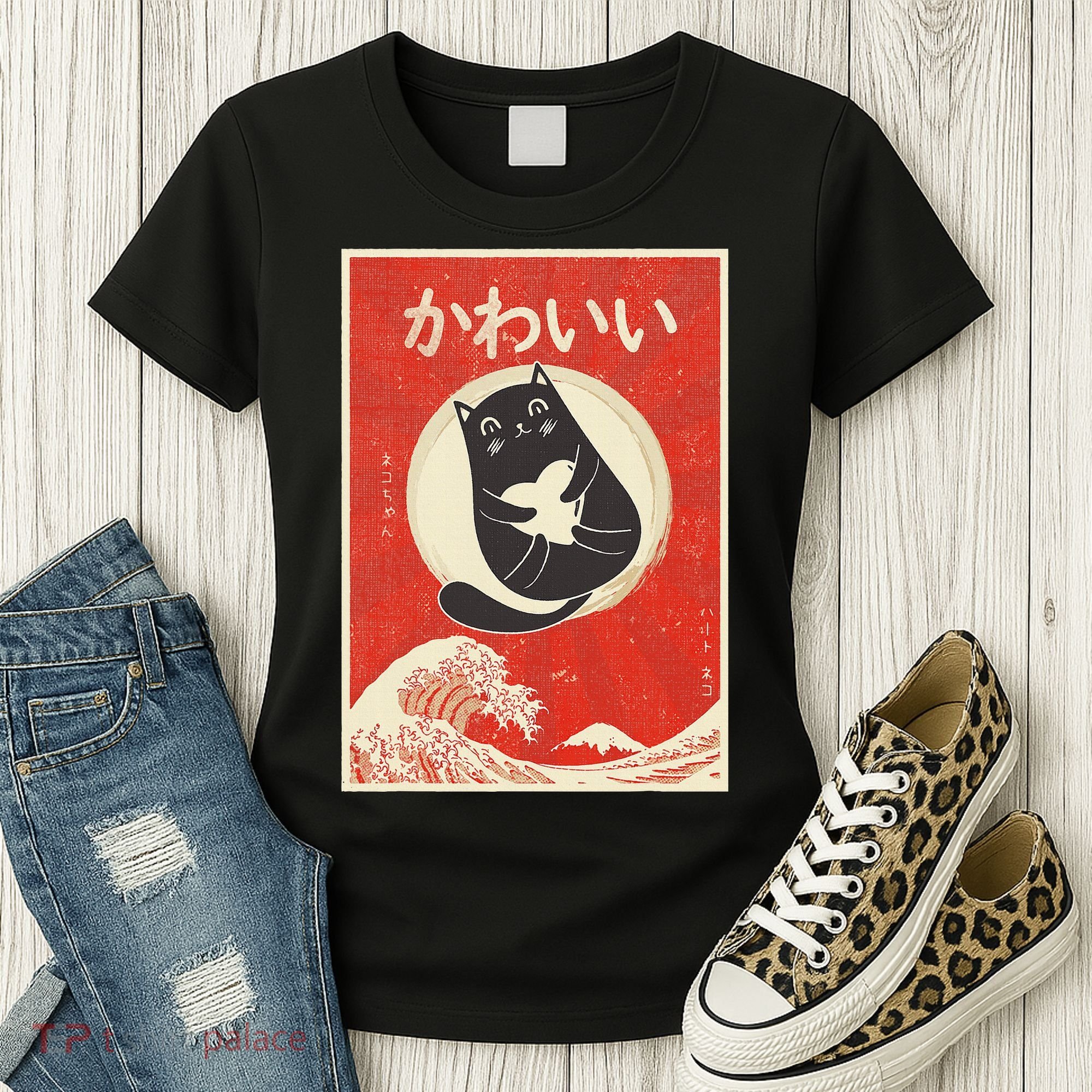 Retro Japanese Anime Cat Kawaii Japanese Word Women's T-Shirt
