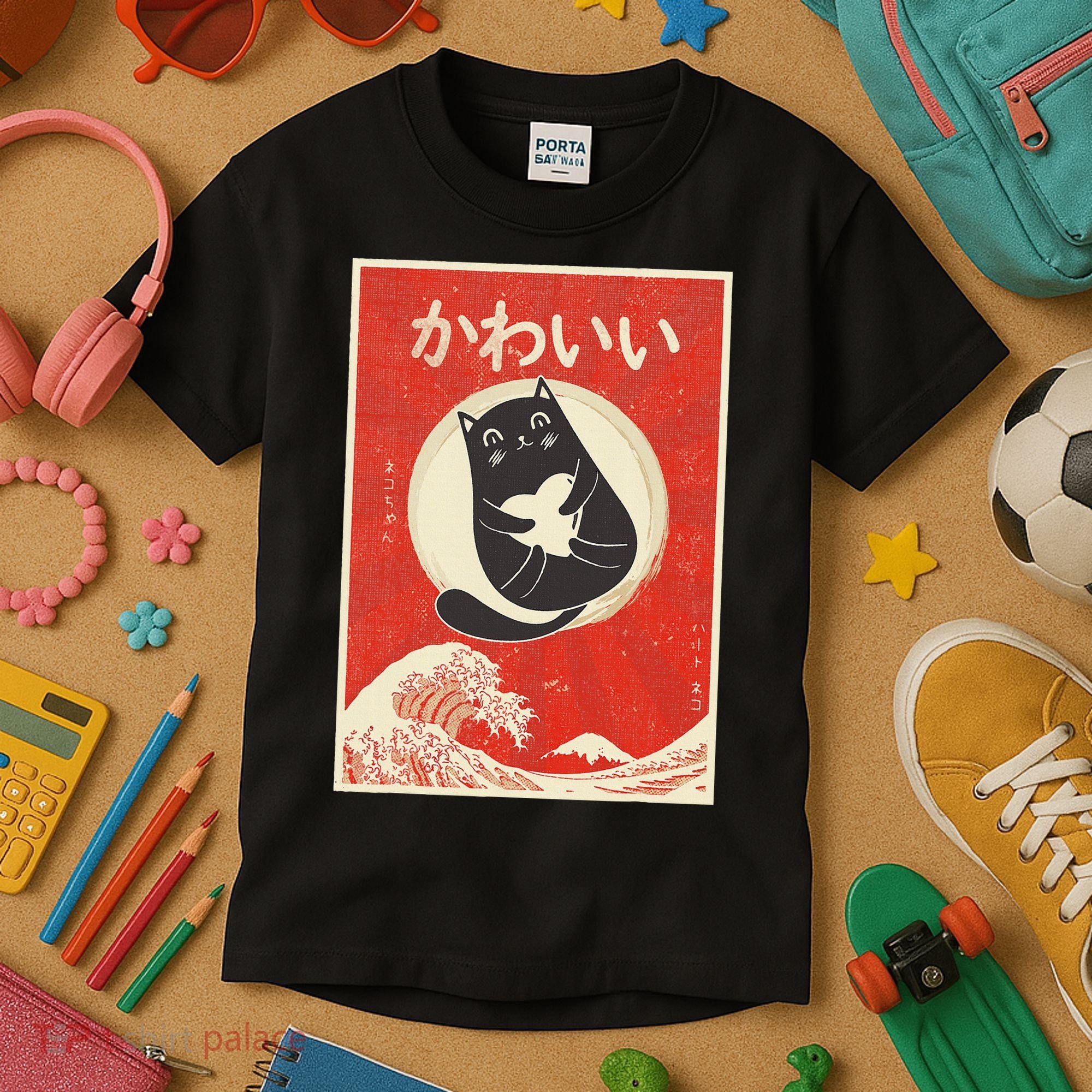 Retro Japanese Anime Cat Kawaii Japanese Word Kids T-Shirt
