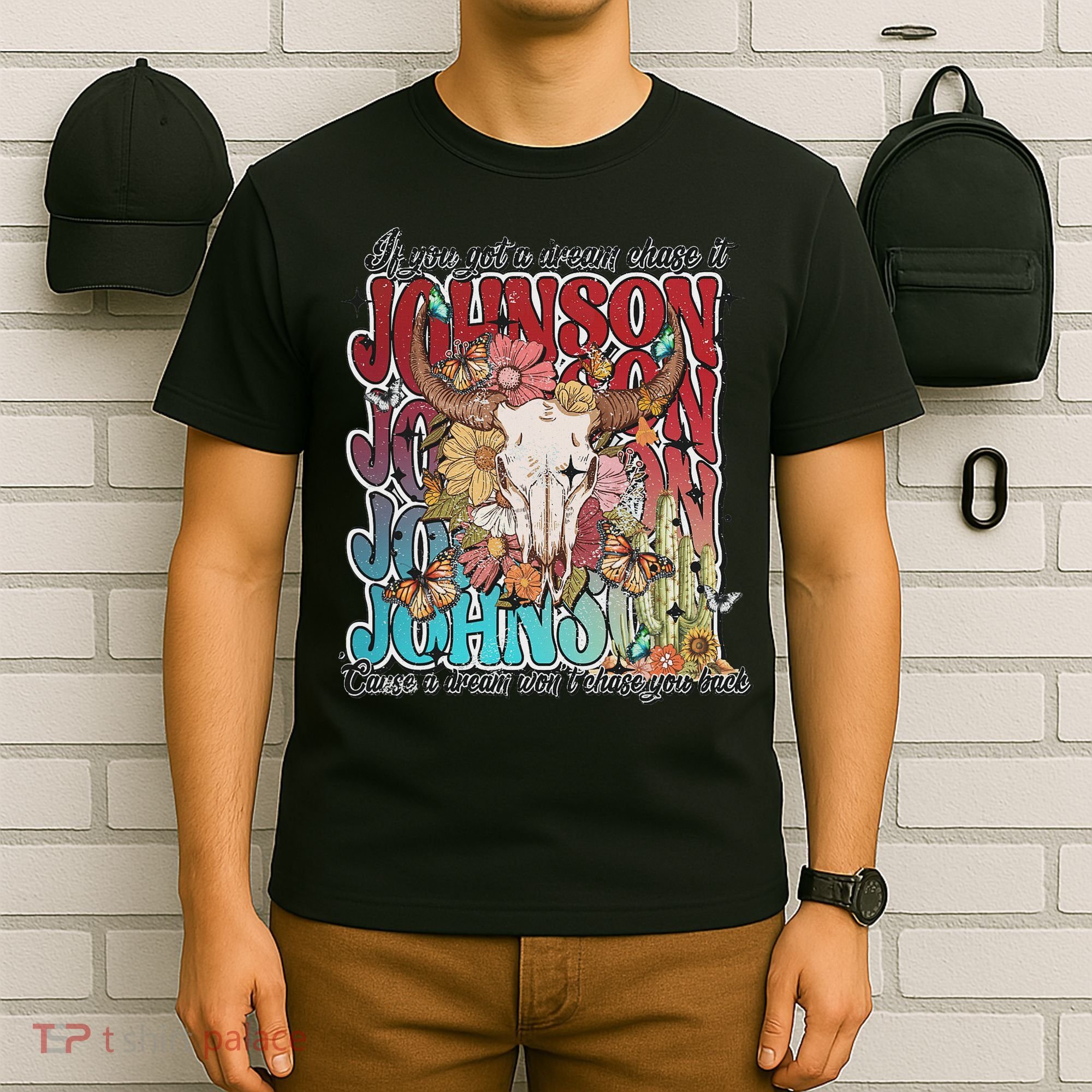 Retro Johnson Bull Skull Music Country 70s Cowboy Boots T-Shirt