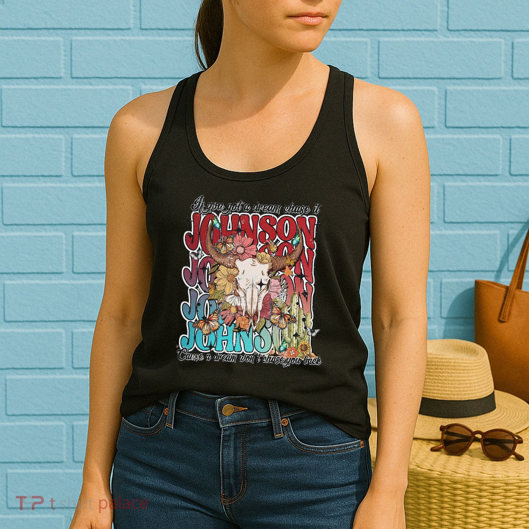 Retro Johnson Bull Skull Music Country 70s Cowboy Boots Women's Tank Top