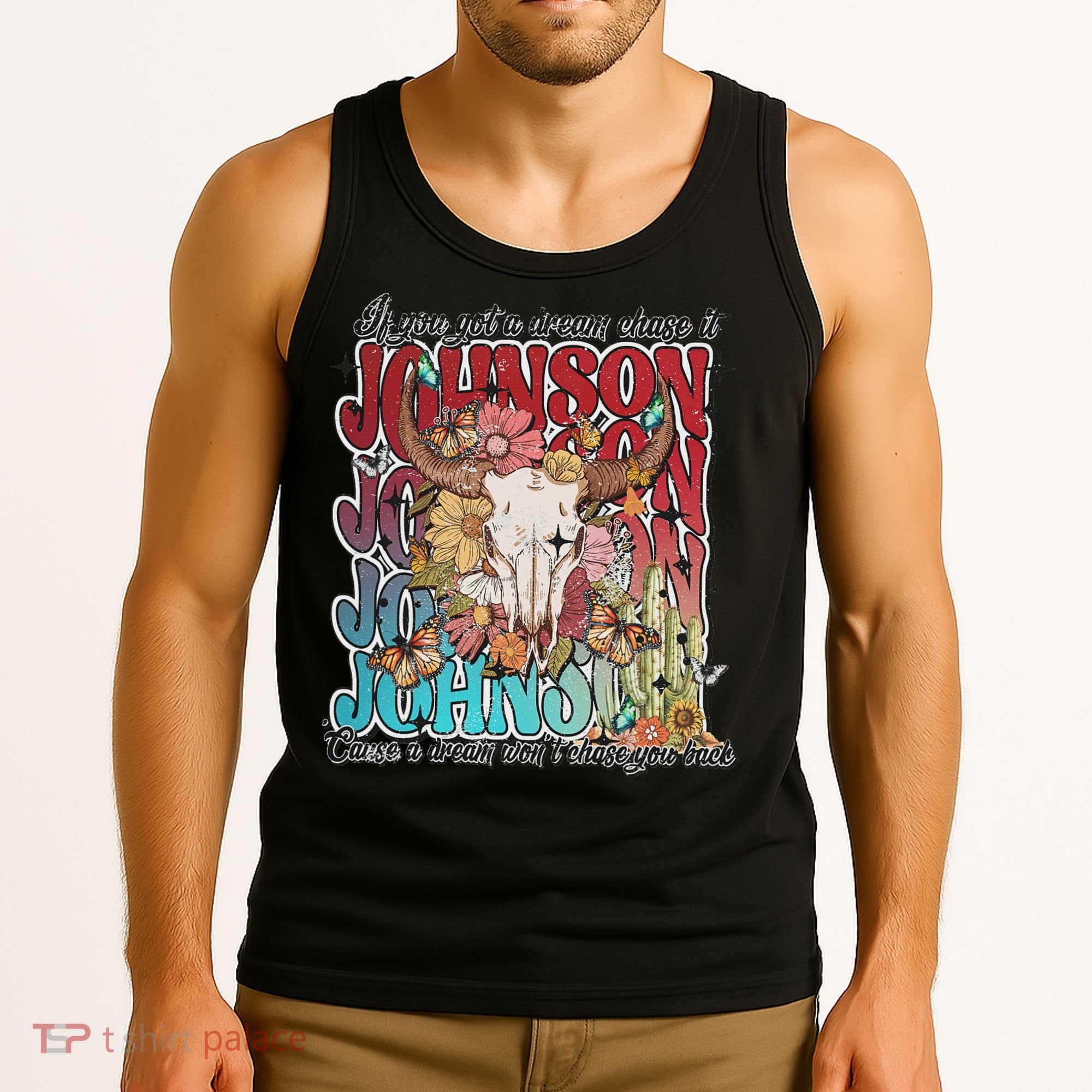 Retro Johnson Bull Skull Music Country 70s Cowboy Boots Tank Top