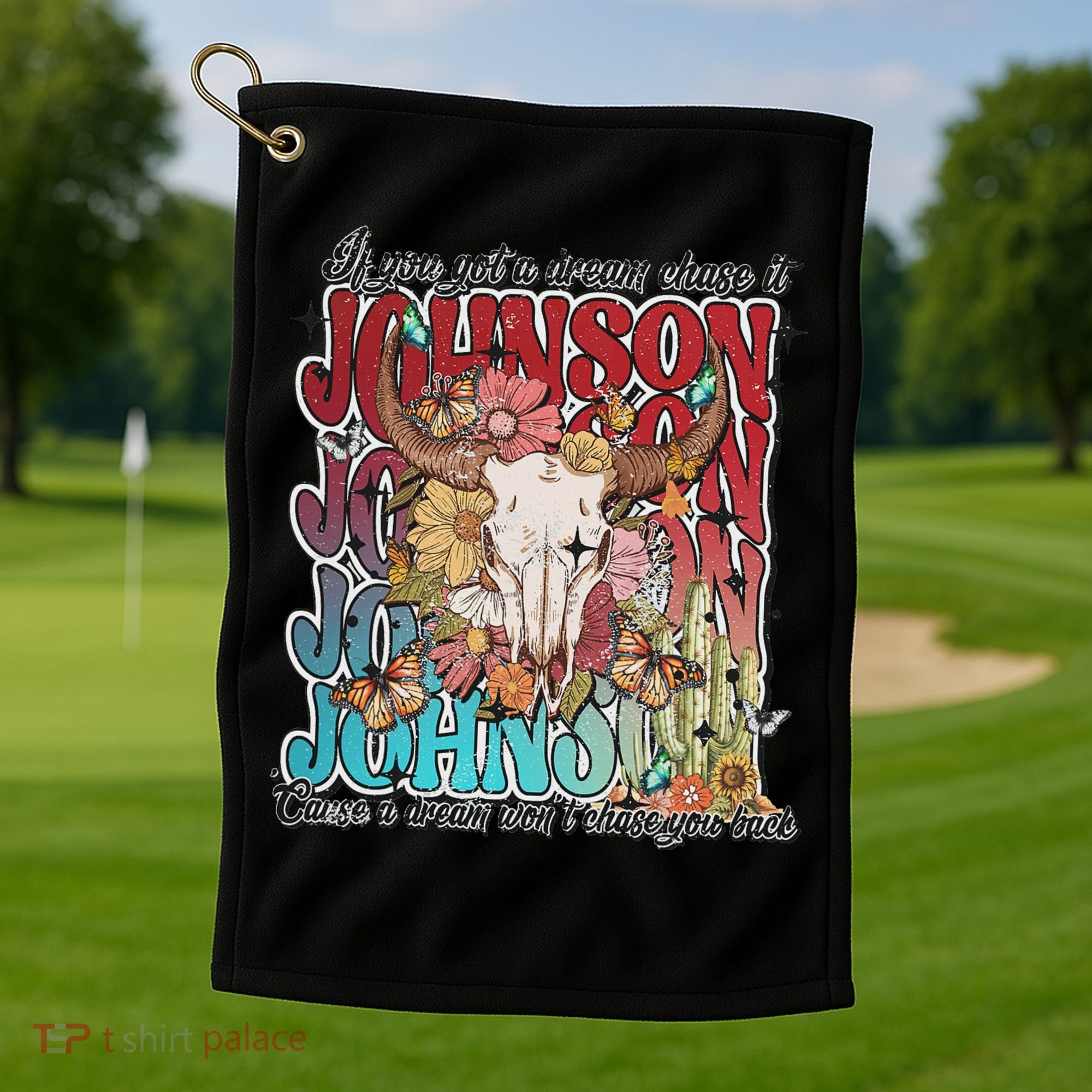 Retro Johnson Bull Skull Music Country 70s Cowboy Boots Golf Towel