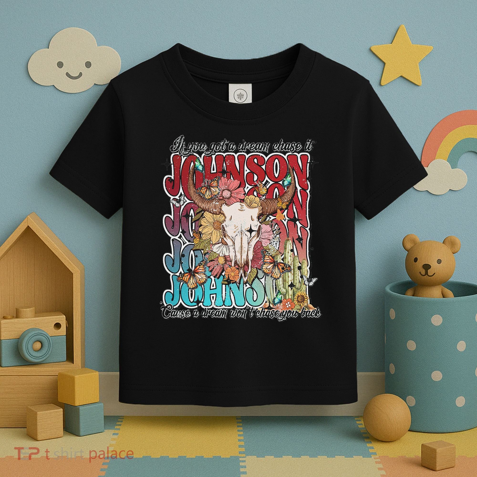 Retro Johnson Bull Skull Music Country 70s Cowboy Boots Toddler T-Shirt