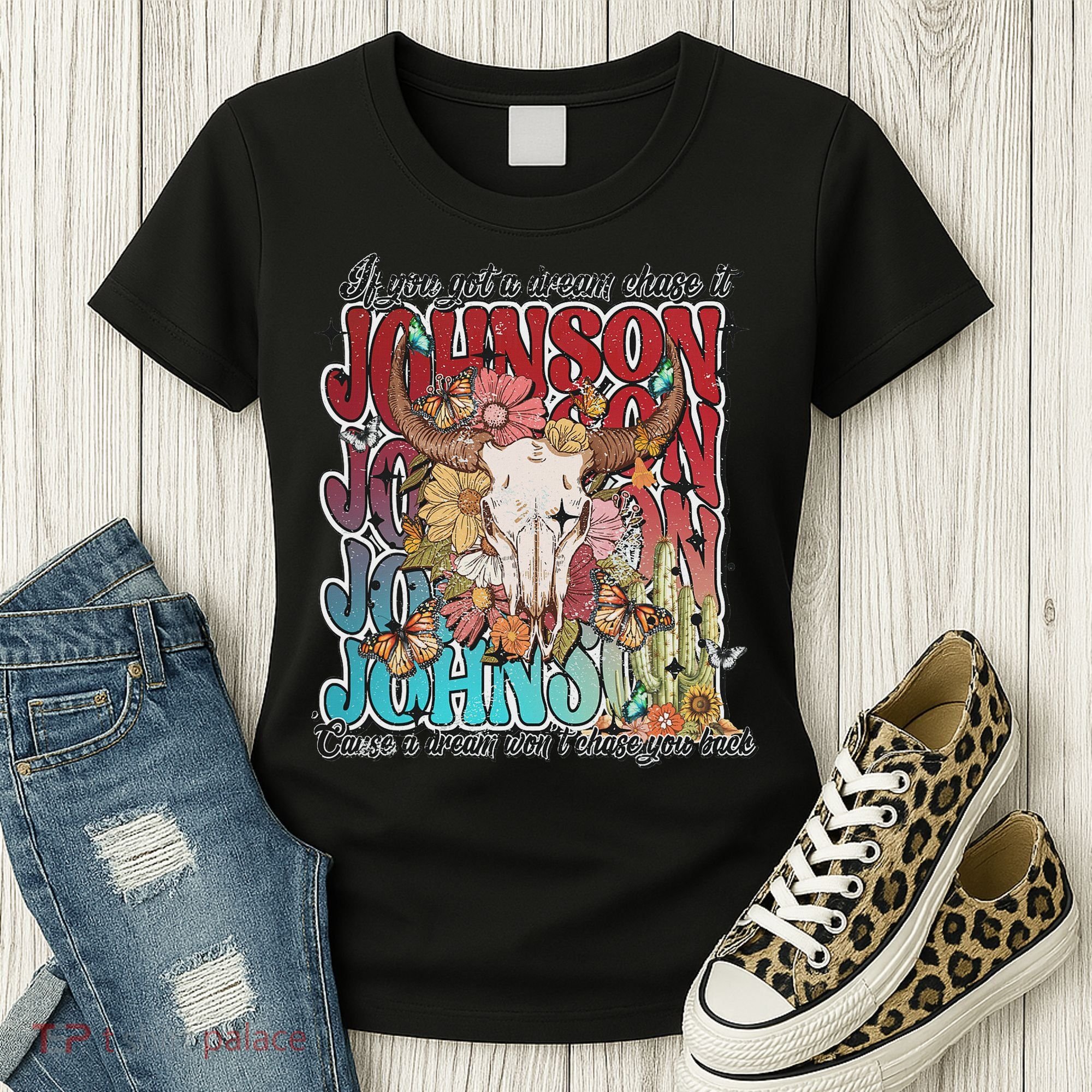 Retro Johnson Bull Skull Music Country 70s Cowboy Boots Women's T-Shirt