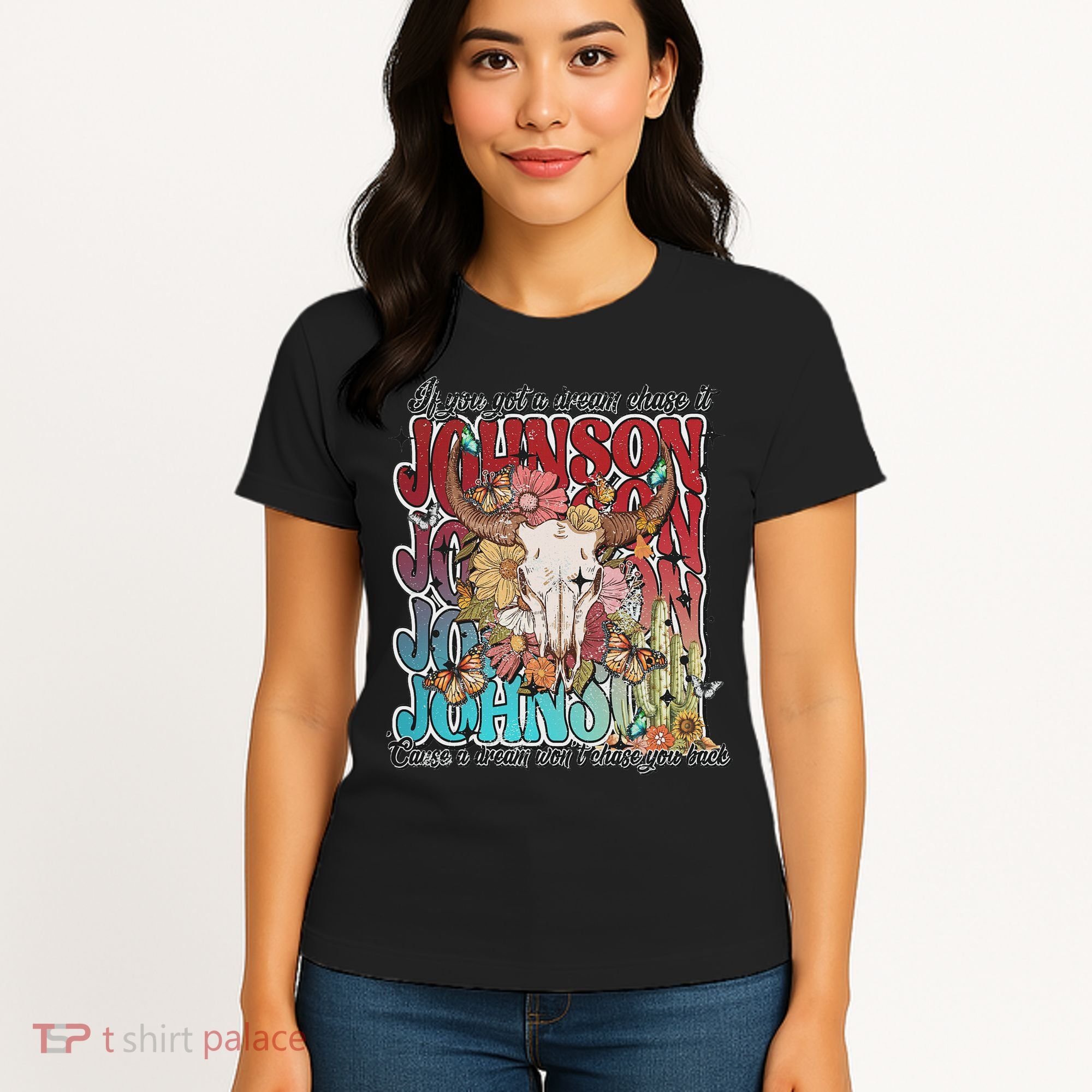 Retro Johnson Bull Skull Music Country 70s Cowboy Boots Women's T-Shirt