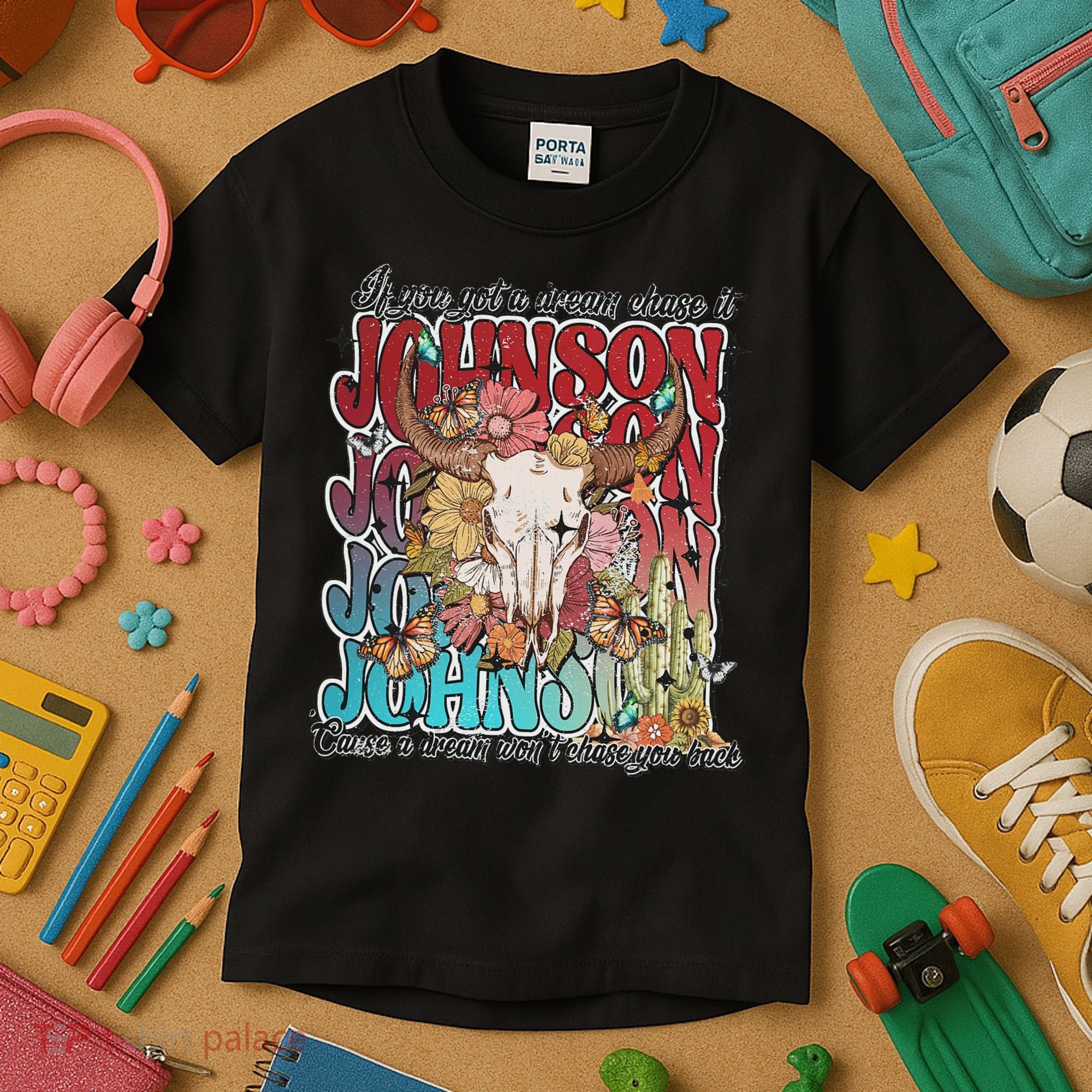 Retro Johnson Bull Skull Music Country 70s Cowboy Boots Kids T-Shirt