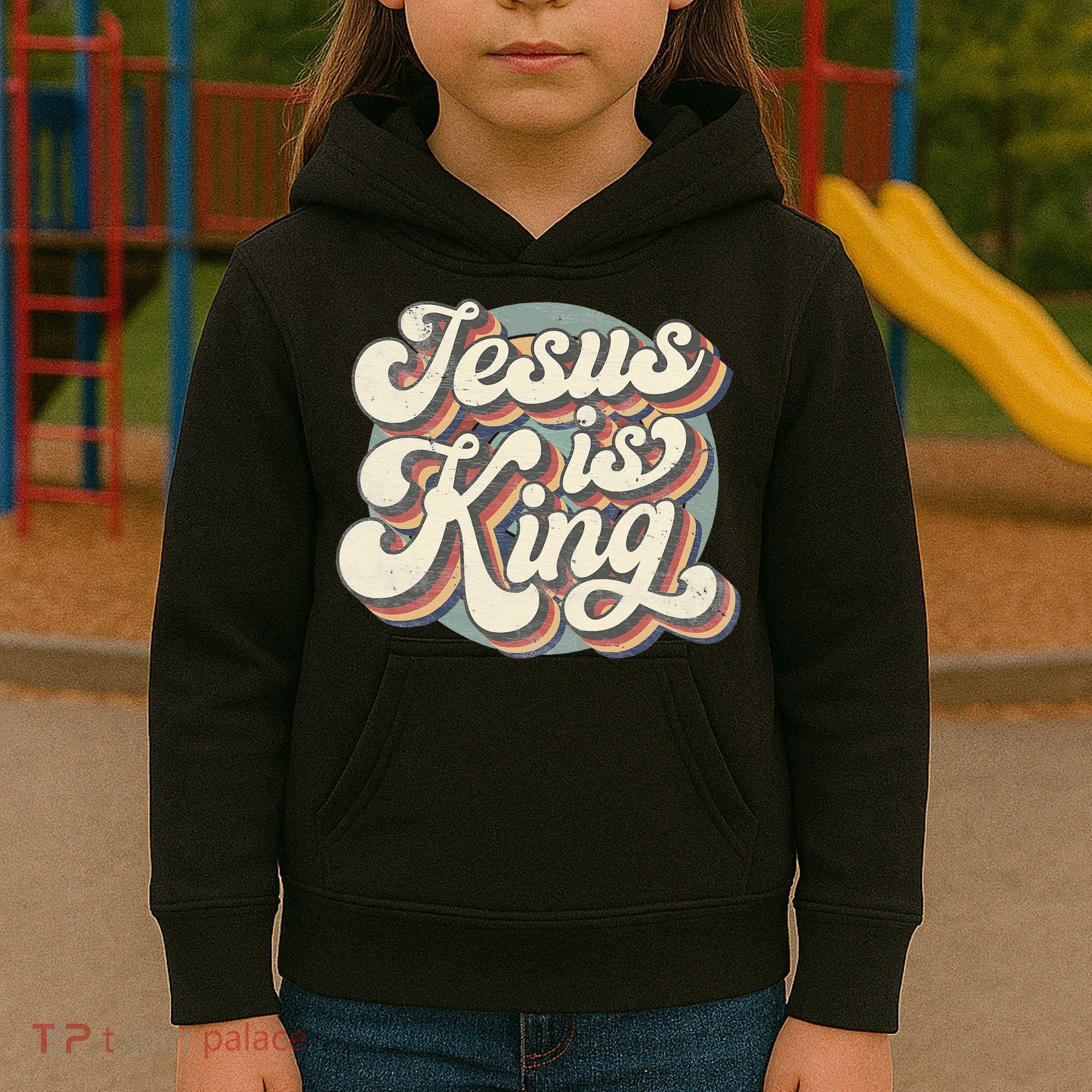 Retro Jesus Is King Christian Bible Religious Kids Hoodie
