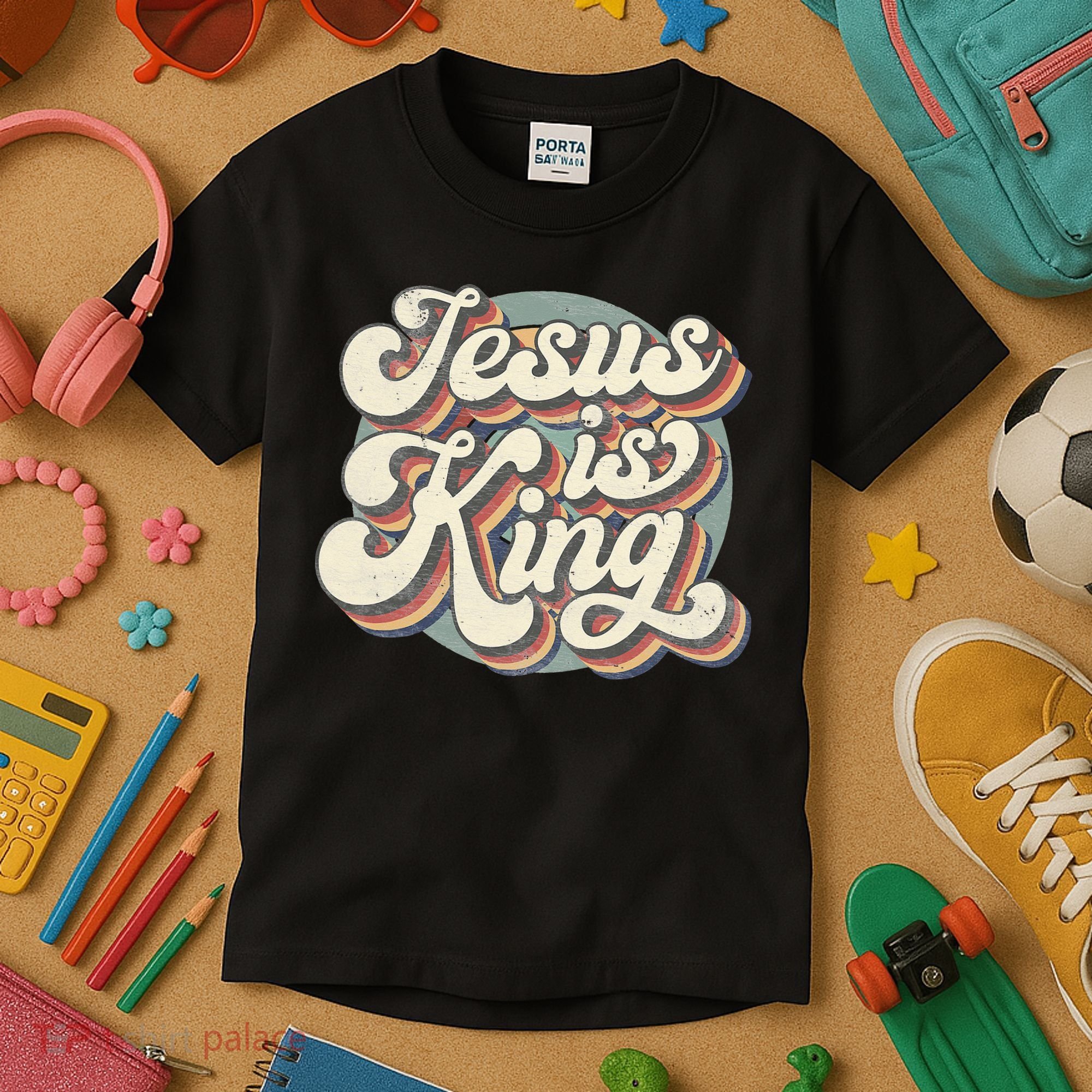 Retro Jesus Is King Christian Bible Religious Kids T-Shirt