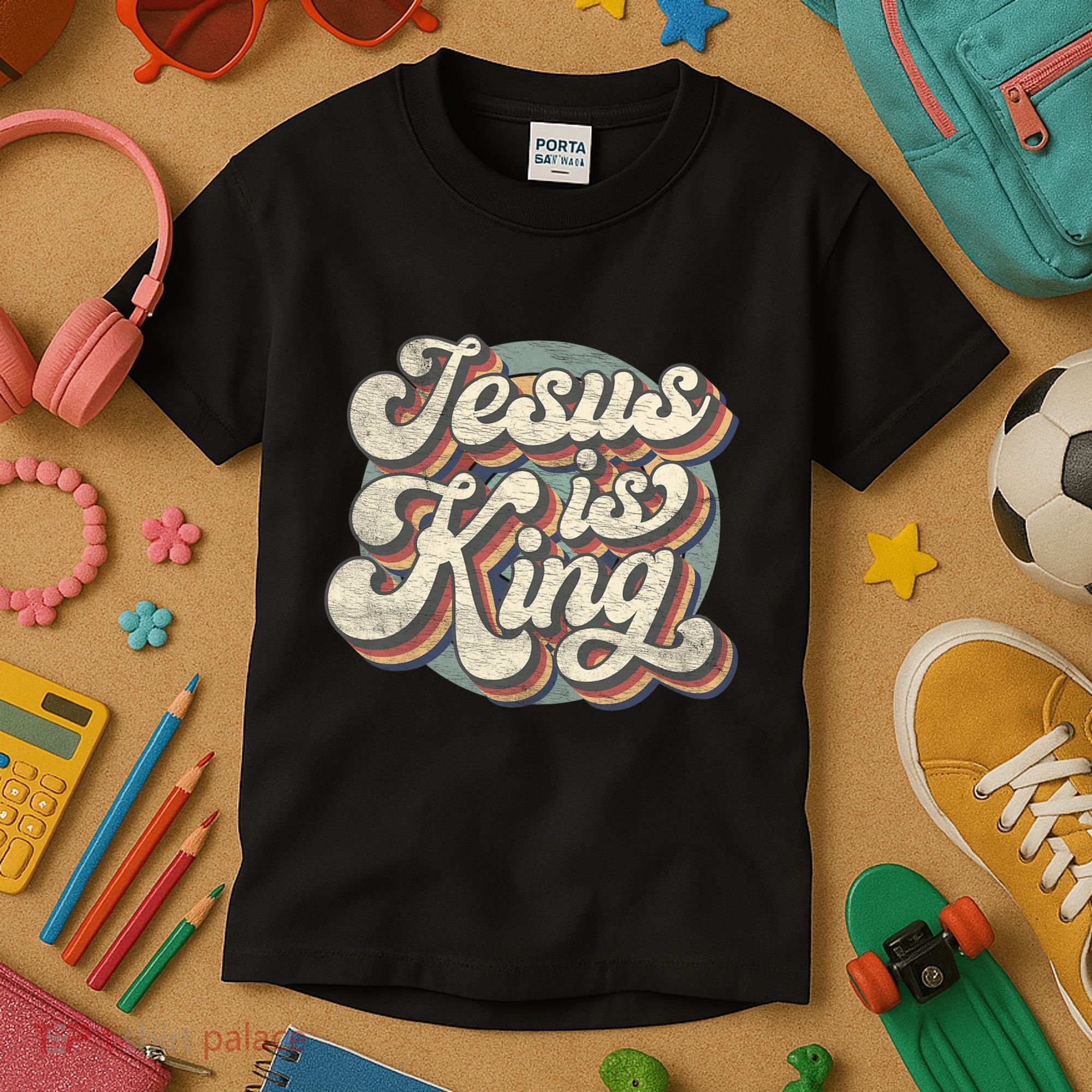 Retro Jesus Is King Christian Bible Religious Kids T-Shirt