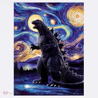 Retro Japanese Kaiju Monster Starry Night Parody Long Sleeve Shirt thumb 2