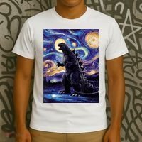 Retro Japanese Kaiju Monster Starry Night Parody T-Shirt thumb 3