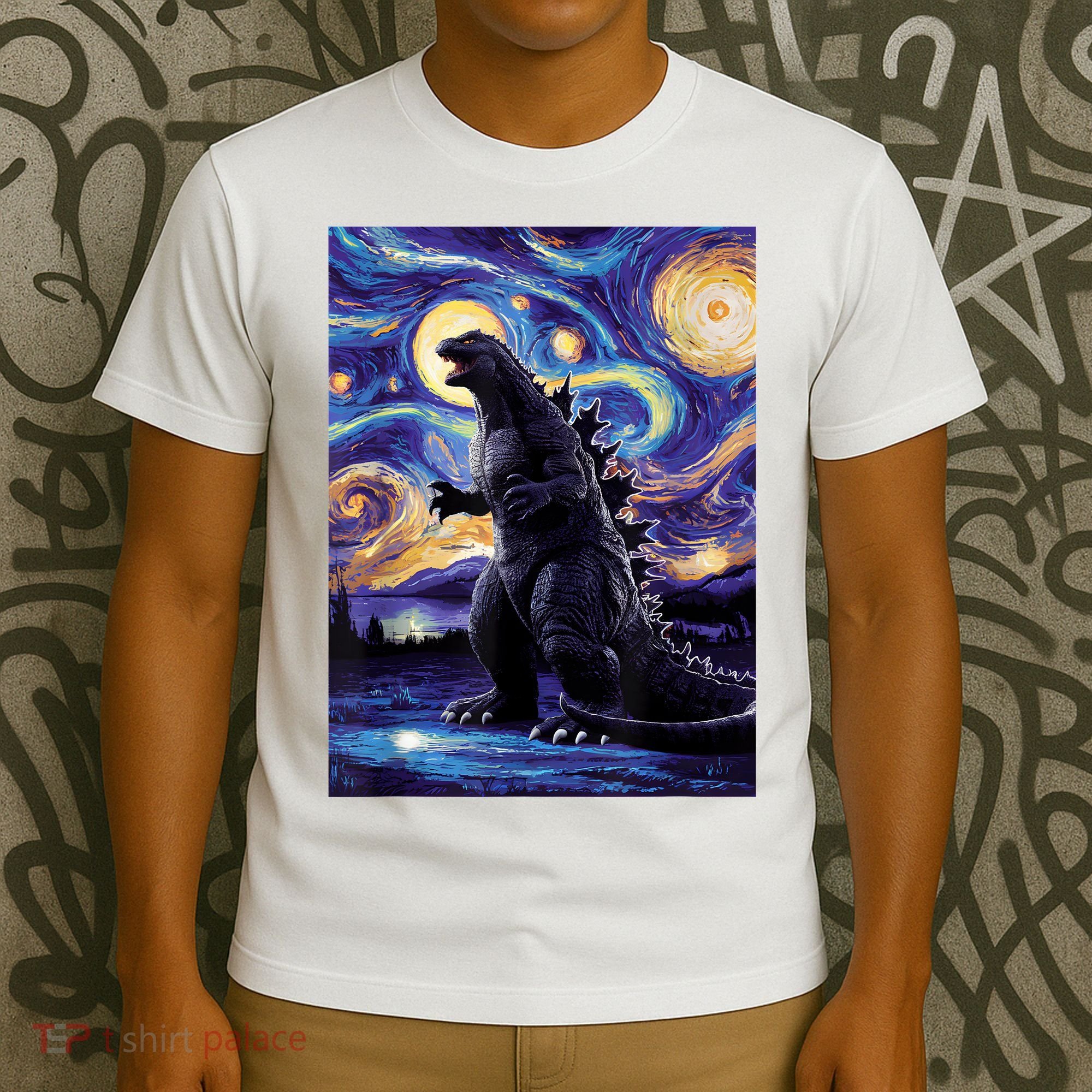 Retro Japanese Kaiju Monster Starry Night Parody T-Shirt