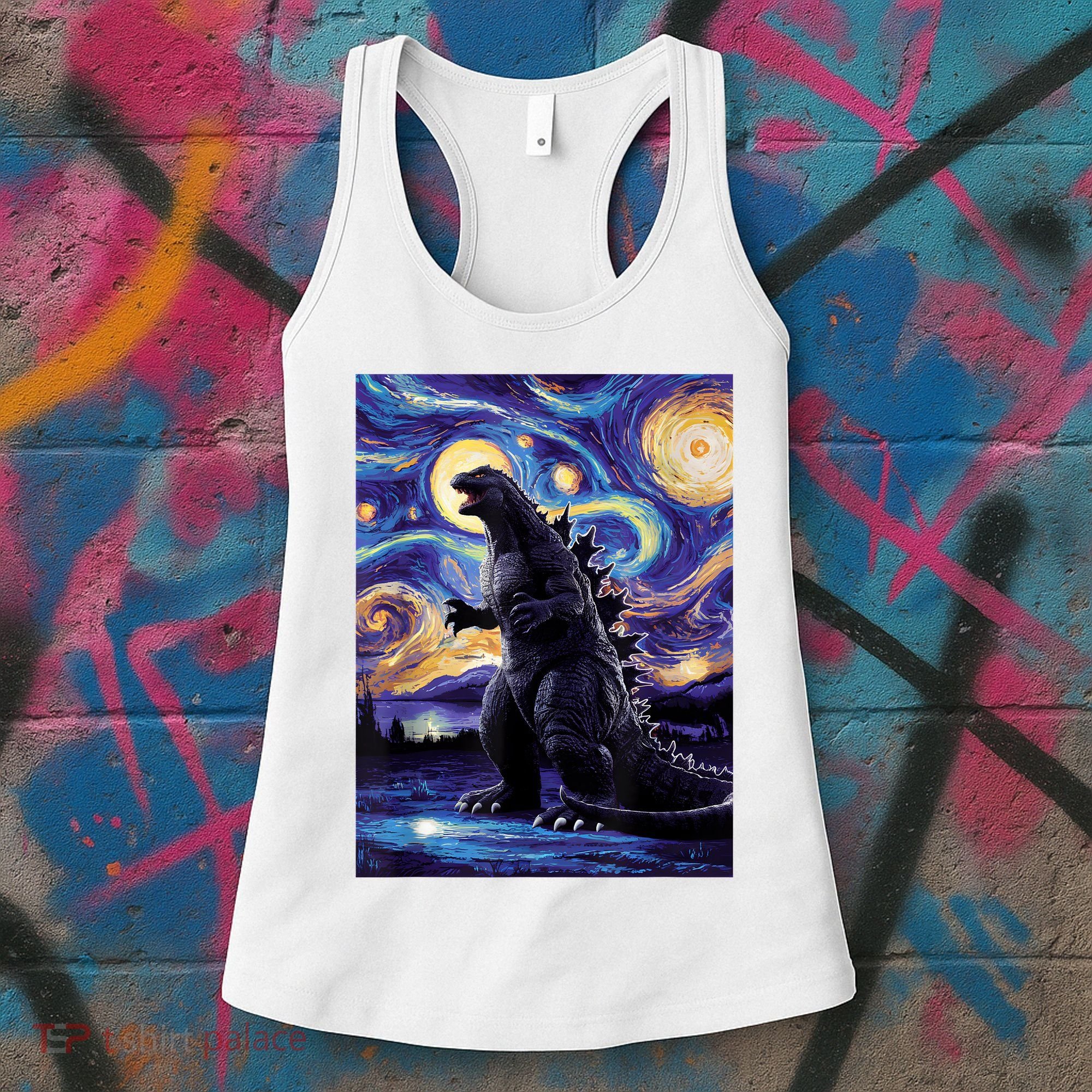 Retro Japanese Kaiju Monster Starry Night Parody Women's Tank Top