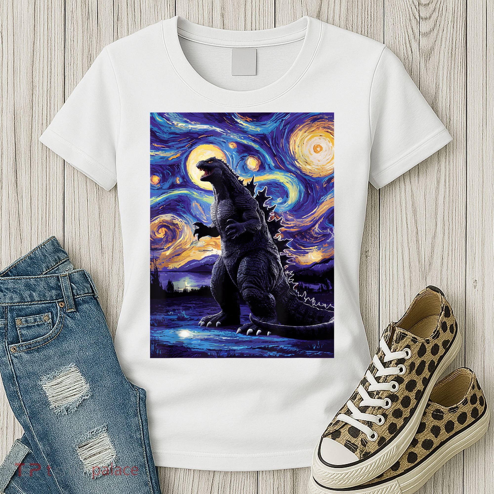 Retro Japanese Kaiju Monster Starry Night Parody Women's T-Shirt