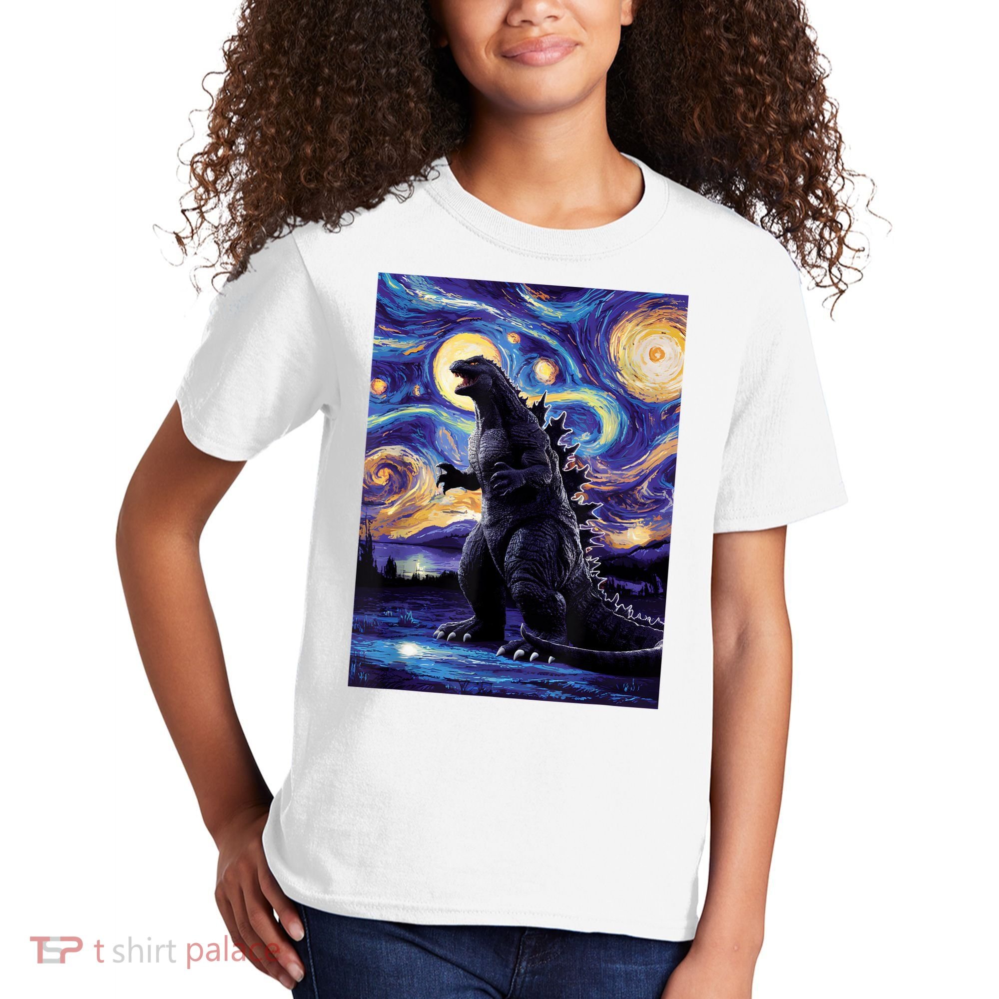 Retro Japanese Kaiju Monster Starry Night Parody Kids T-Shirt