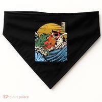 Retro Japanese Reptile Monster Vs Cat Monster Great Wave USA-Made Doggie Bandana thumb 0