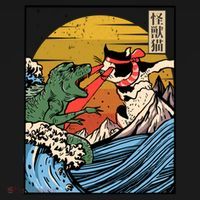 Retro Japanese Reptile Monster Vs Cat Monster Great Wave Backpack thumb 2