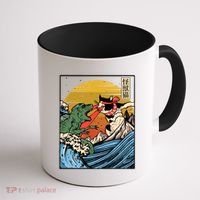 Retro Japanese Reptile Monster Vs Cat Monster Great Wave Coffee Mug thumb 1