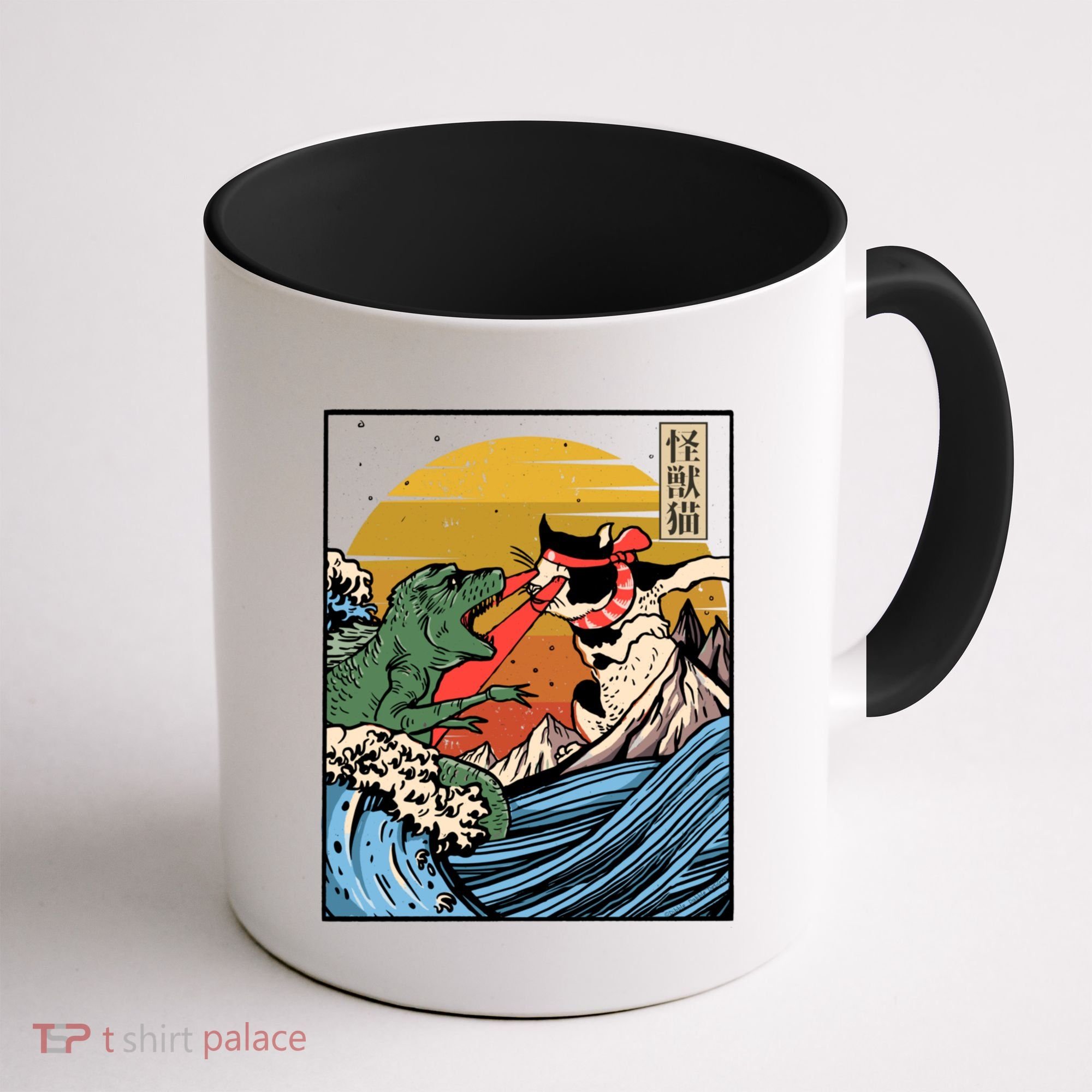 Retro Japanese Reptile Monster Vs Cat Monster Great Wave Coffee Mug