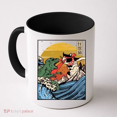 Retro Japanese Reptile Monster Vs Cat Monster Great Wave Coffee Mug