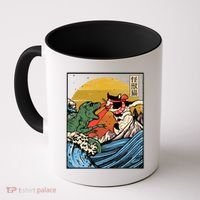 Retro Japanese Reptile Monster Vs Cat Monster Great Wave Coffee Mug thumb 0