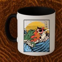 Retro Japanese Reptile Monster Vs Cat Monster Great Wave Coffee Mug thumb 2
