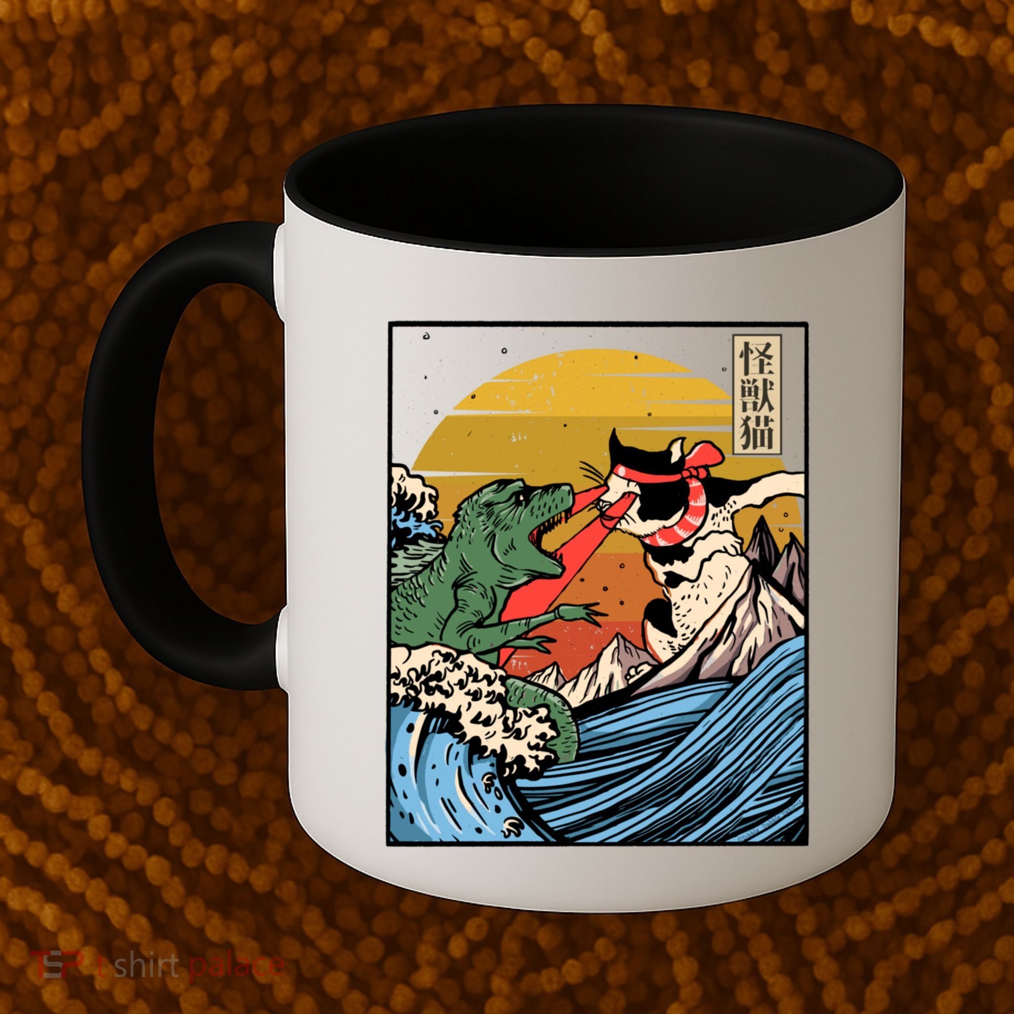 Retro Japanese Reptile Monster Vs Cat Monster Great Wave Coffee Mug