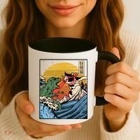 Retro Japanese Reptile Monster Vs Cat Monster Great Wave Coffee Mug thumb 3