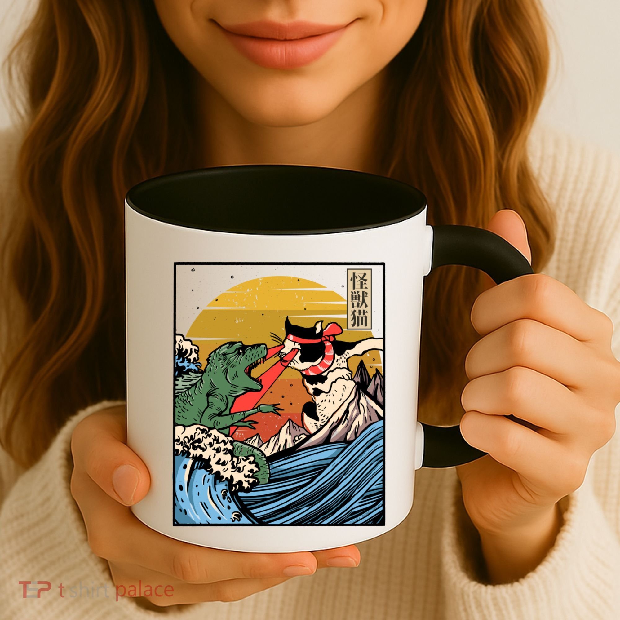 Retro Japanese Reptile Monster Vs Cat Monster Great Wave Coffee Mug