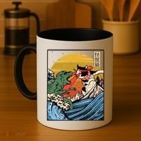 Retro Japanese Reptile Monster Vs Cat Monster Great Wave Coffee Mug thumb 4