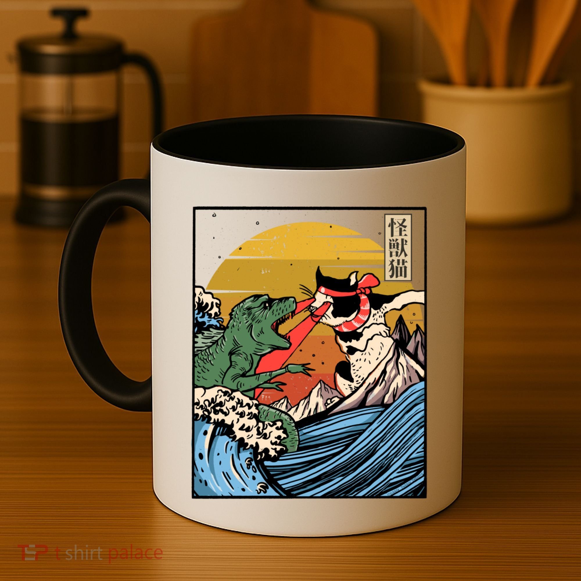 Retro Japanese Reptile Monster Vs Cat Monster Great Wave Coffee Mug