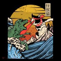 Retro Japanese Reptile Monster Vs Cat Monster Great Wave Coffee Mug thumb 5