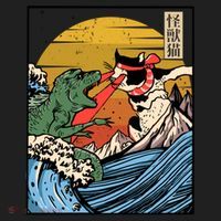 Retro Japanese Reptile Monster Vs Cat Monster Great Wave Beanie thumb 2