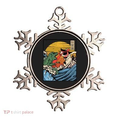 Retro Japanese Reptile Monster Vs Cat Monster Great Wave Ornament