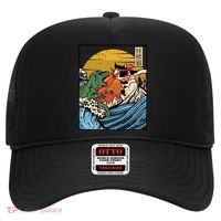 Retro Japanese Reptile Monster Vs Cat Monster Great Wave Hat thumb 0