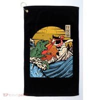Retro Japanese Reptile Monster Vs Cat Monster Great Wave Golf Towel thumb 0